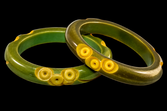 green overdyed donut carved bakelite bangles